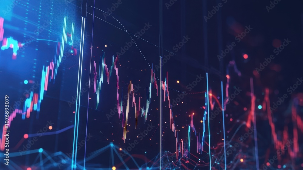 Poster dynamic abstract financial data visualization with vibrant lines and dots representing market trends