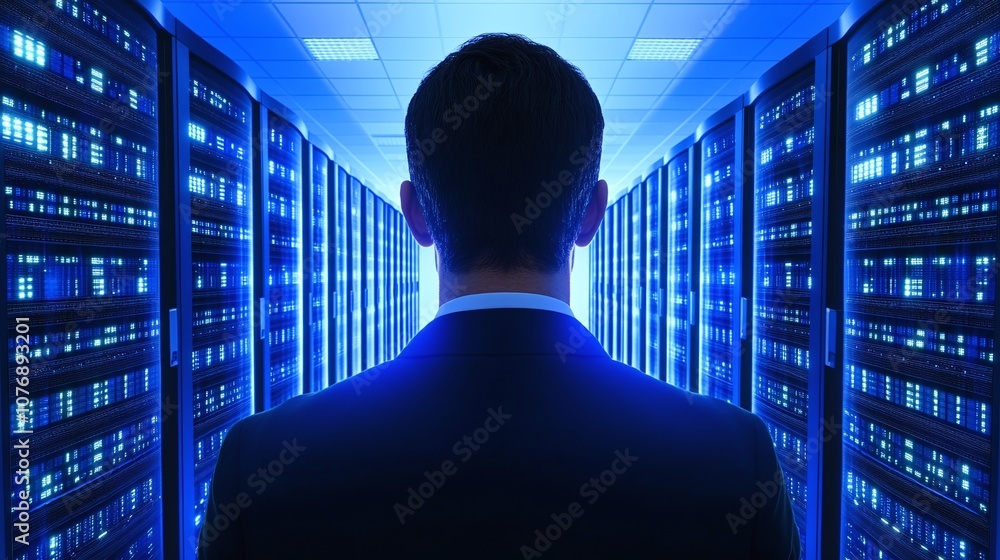 Poster professional businessman standing in front of blue server racks in a data center, representing techn