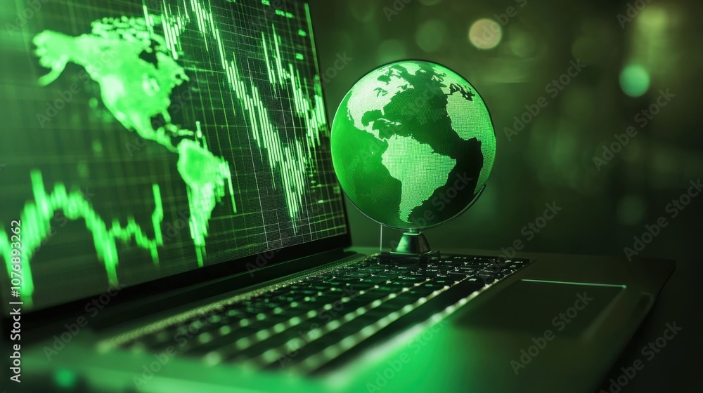 Poster digital world map on laptop screen with green coded graphs and a globe emphasizing global connectivi