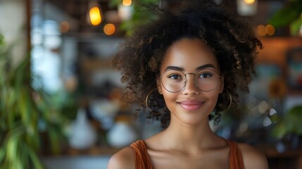 Obraz premium A woman with curly hair and glasses is smiling