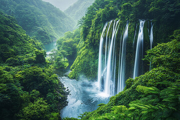 Fototapeta premium Waterfall flowing into a green valley in morning light