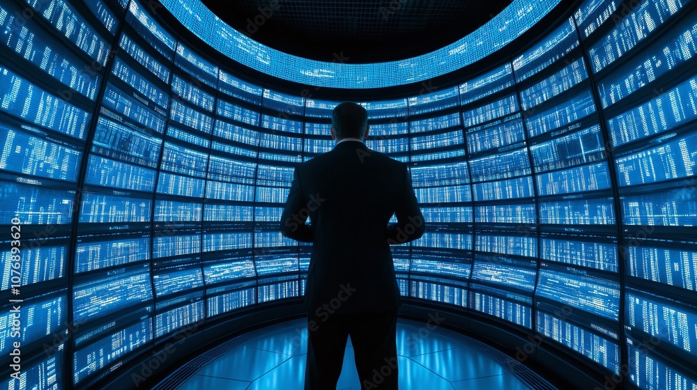 Poster professional man analyzing data in modern digital environment surrounded by interactive screens with