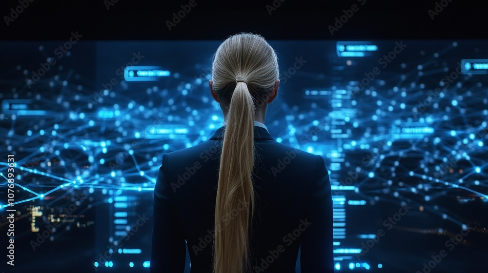 Poster professional woman analyzes data and digital information in a modern tech environment showcasing con