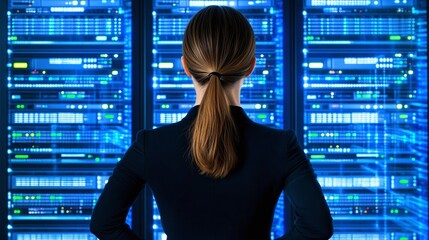 Professional Woman Analyzing Data from High-Tech Server Room Filled with Futuristic Digital Equipment and Streaming Information Displays