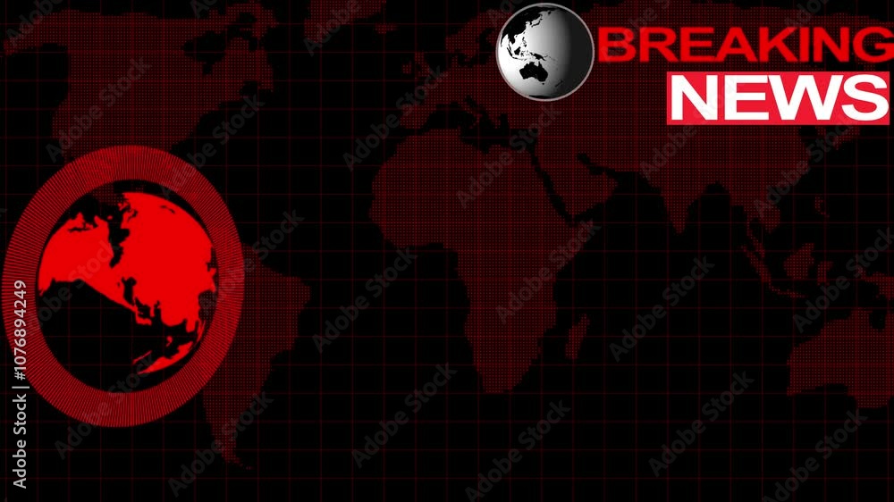 Poster animation of globe and breaking news over data processing on black background