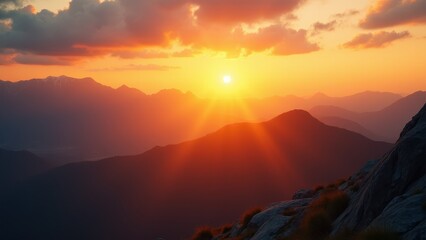 Fototapeta premium Sunset rays over peaks for nature inspiration. Sunset over mountain peaks, a lone figure stands atop rocky cliffs, bathed in warm, golden sunlight, capturing serene beauty.