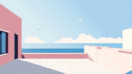 Obraz premium Seascape with Pink Wall and White Birds. Flat Minimalist Style.