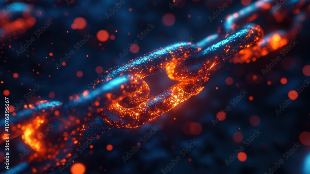 Poster a close-up view of a glowing chain link surrounded by floating particles, highlighting the fusion of