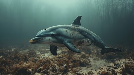 Fototapeta premium A dolphin dies as a direct consequence of climate change, representing the devastating effects on marine life