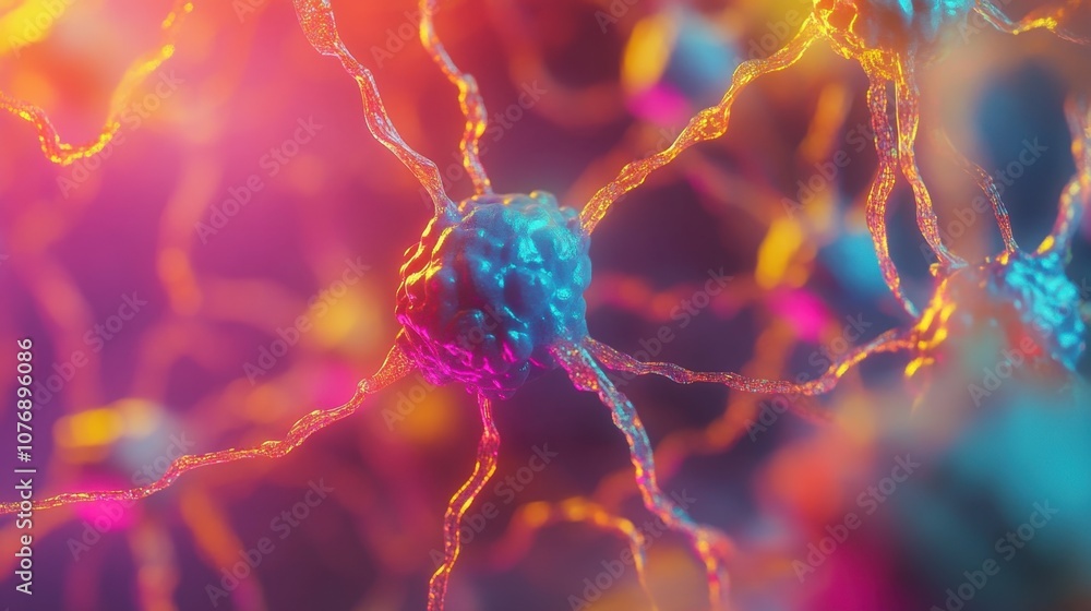 Poster colorful micrograph of neurons with synapses highlighting the complexity of neural networks in a vib