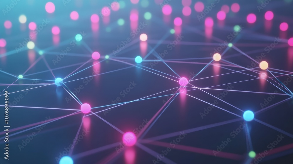 Poster Abstract Design of Colorful Nodes Connected by Lines Creating a Vibrant Network Representation in a Futuristic Digital Space