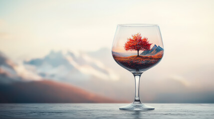 wine glass reflects stunning autumn scenery with vibrant tree and mountains in background, creating serene and picturesque atmosphere