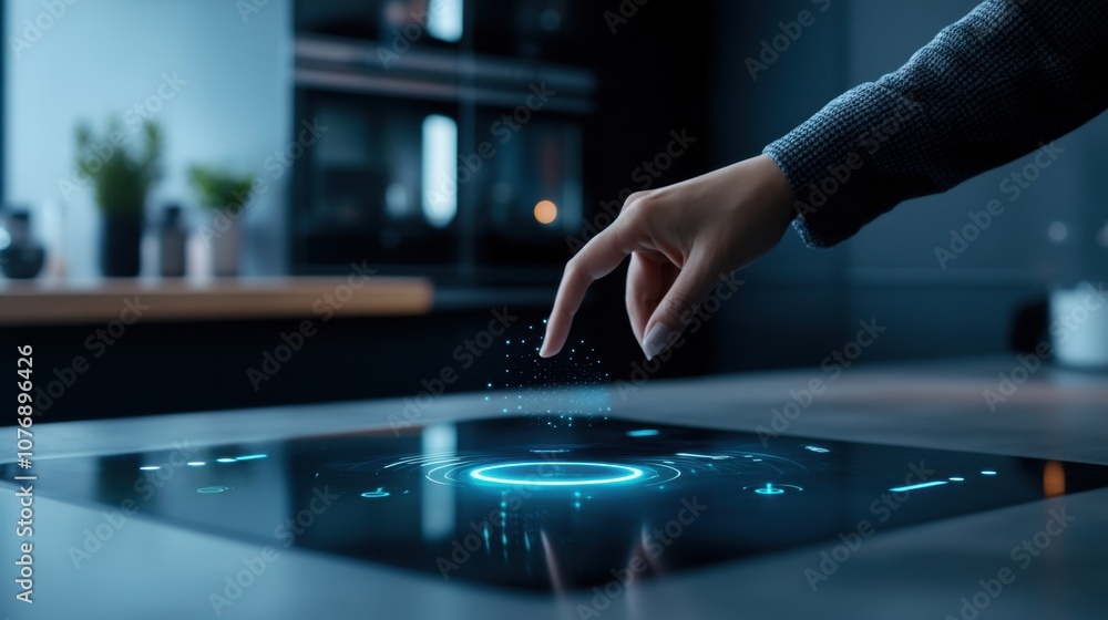 Poster futuristic touchscreen technology interface with user interaction in modern kitchen setting featurin