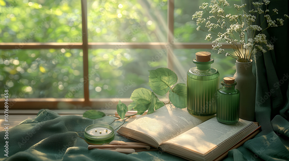 Poster a book is open on a table with a vase and two bottles. the bottles are green and the vase is white. 