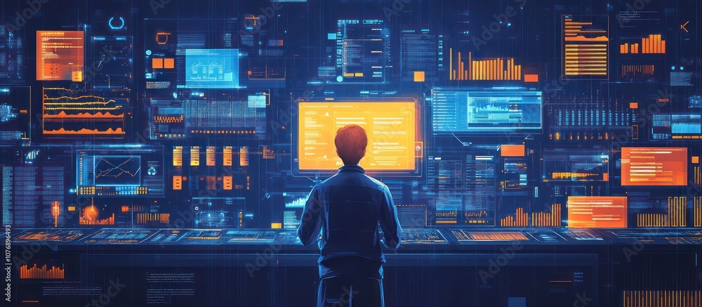 Aufkleber a single person standing in front of a wall of computer monitors, looking at data.