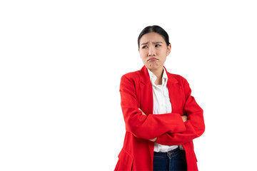 Frustrated woman in a red blazer with crossed arms, expressing dissatisfaction against a white...