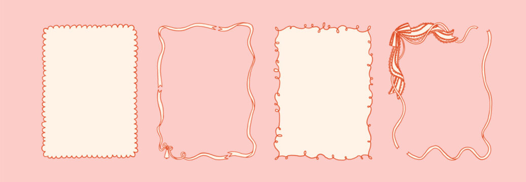 Collection of 4 decorative whimsical frames in girly coquette style on a light pink background. Christmas theme with ribbon bow. Invitation template. A4 card size. Vector hand drawn graphic set