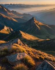 Fototapeta premium Stunning view of majestic mountains, covered in lush greenery, with clear blue skies and a peaceful atmosphere