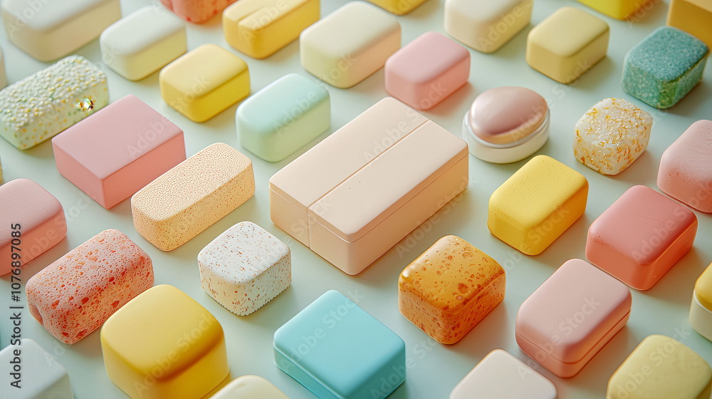 Poster a colorful array of soaps and lotions are arranged in a grid on a green background. the variety of c