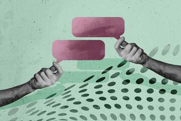 Composite trend artwork sketch image photo collage of speech cloud chatting two huge hand appear...