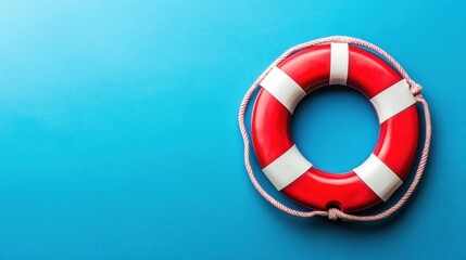 Bright Red Life Ring on a Solid Blue Background, Symbolizing Safety and Rescue for Water Activities, Boating, and Summer Adventures