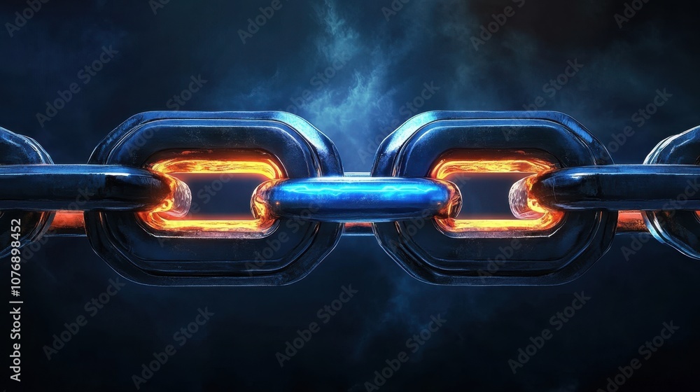 Poster a futuristic close-up of a metallic chain with illuminated links against a dark background represent