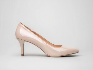 Classic beige pumps with stiletto heel, minimalist and elegant, isolated on grey