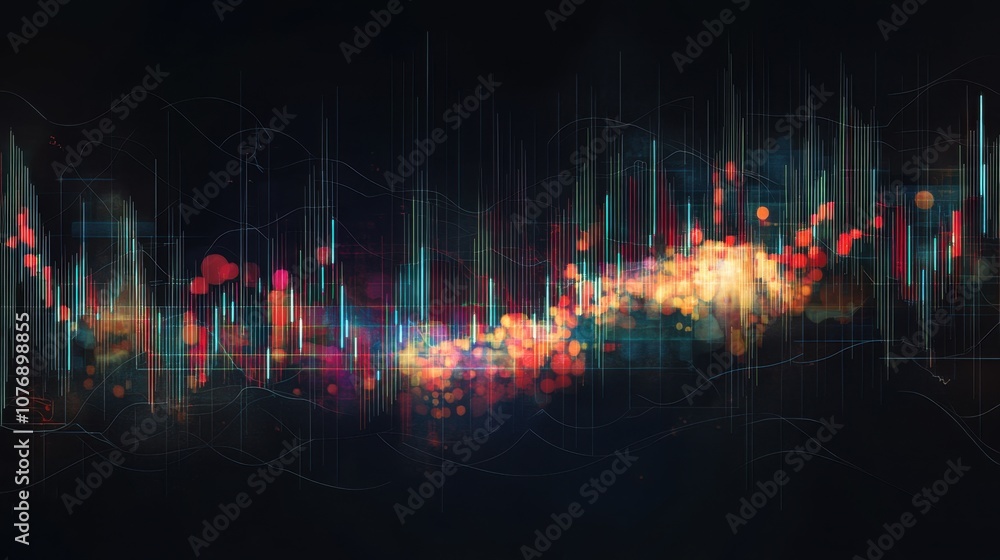Poster abstract data visualization with colorful lights and dynamic waves representing statistical informat
