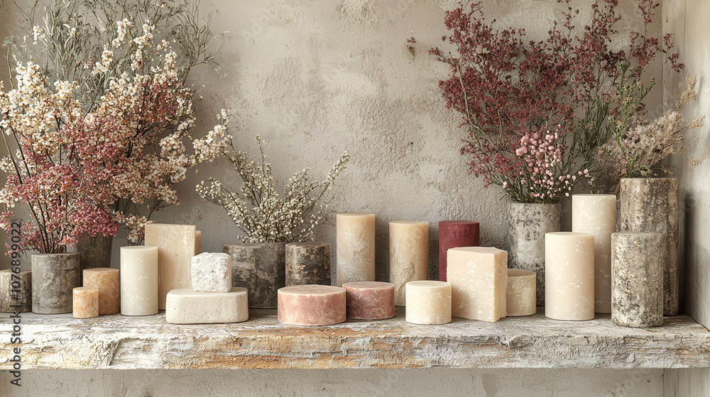 Poster a shelf with many candles and flowers on it. the candles are in different shapes and sizes, and the 