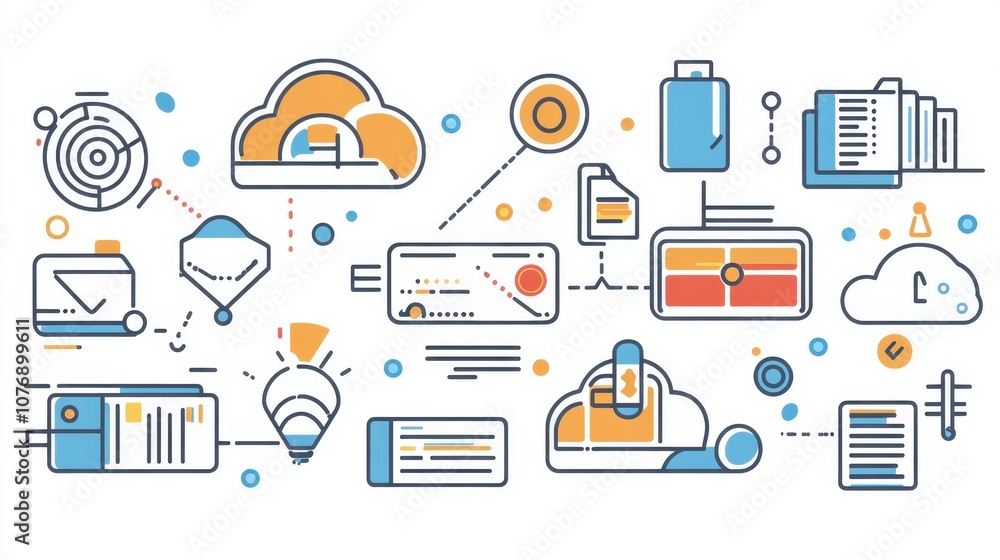 Poster abstract digital illustration of cloud computing and data management concepts featuring various icon