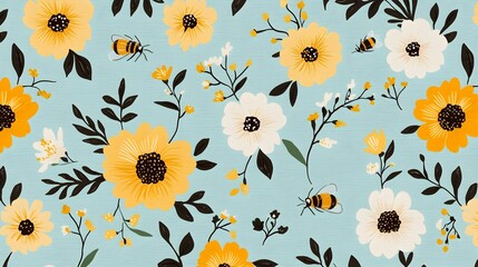 Obraz premium Vibrant 3D Seamless Sunflower and Bee Floral Pattern for Nature Inspired Design