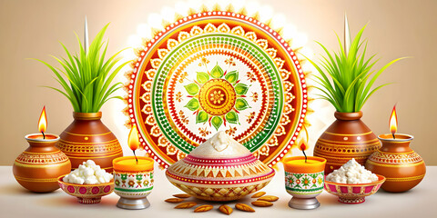 Pongal Cultural Symbols Vector Illustration of Traditional Kolam Lamps Rice Sugarcane Celebrating Festivity and Heritage Perfect for Infographics in Photo Stock Concept