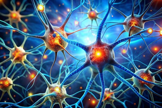 Conceptual illustration of neuron cells with glowing link knots in abstract dark space, high resolution 3D illustration