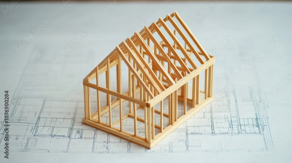 Poster architectural model of a wooden house frame on blueprint background showcasing construction planning