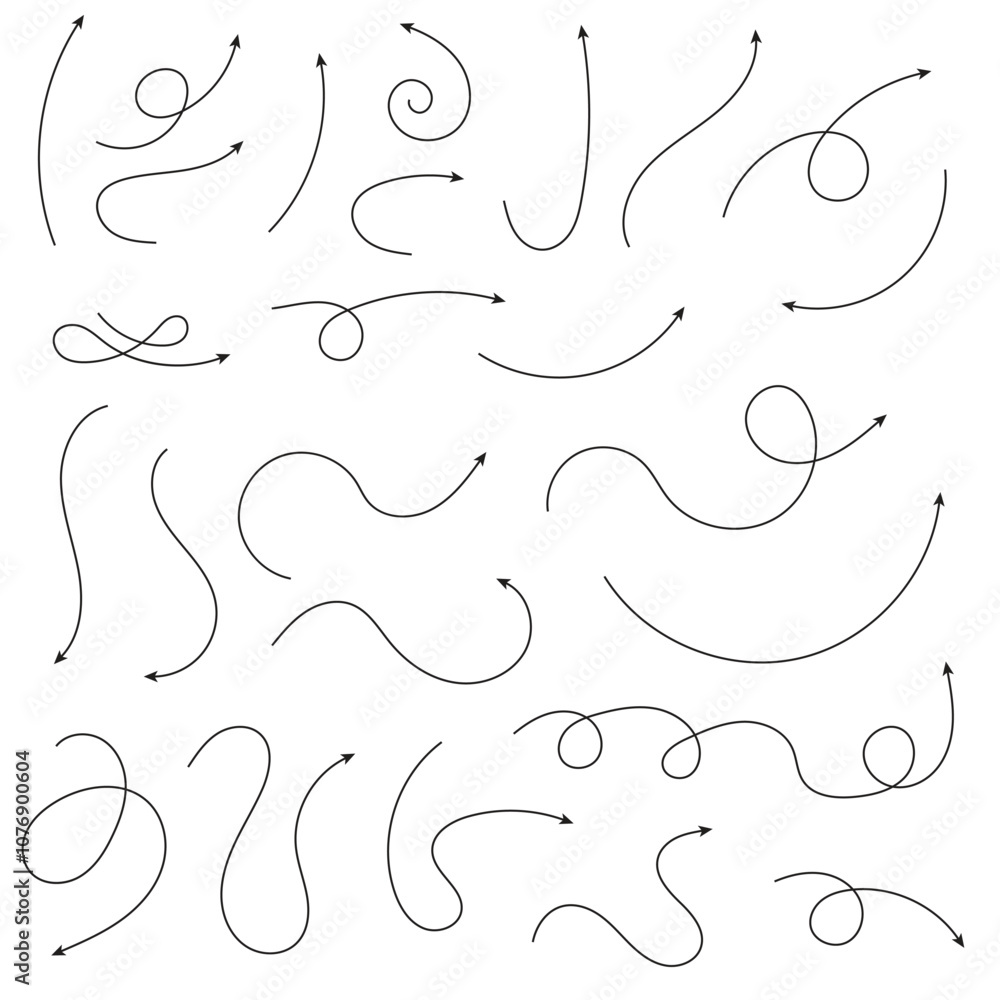 Poster collection of line arrows. set simple curved hand drawn arrows. collection of pointers.