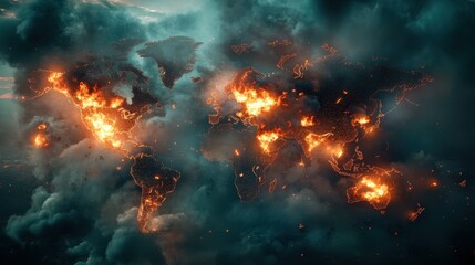 Fototapeta premium Dramatic Visualization of Global Wildfires with Flames and Smoke Illuminating a Darkened World Map Under a Turbulent Sky