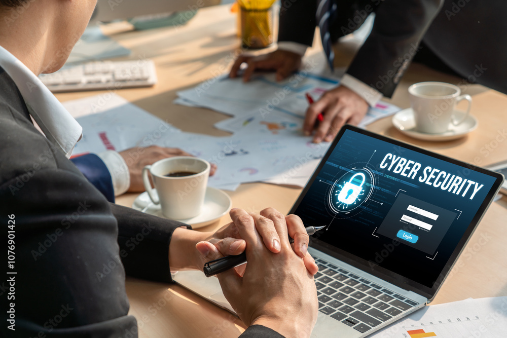 Poster cyber security system on computer screen protect private information snugly from hacker and cyber at