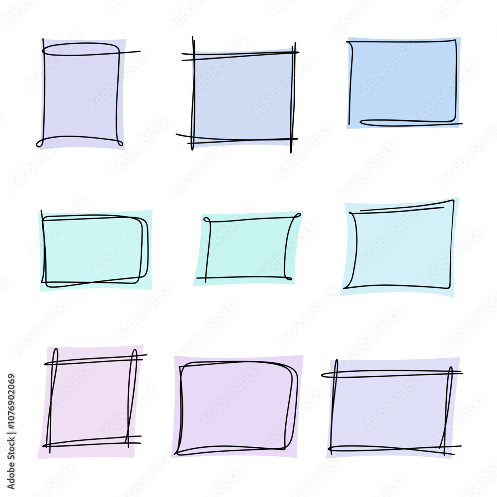 Poster a set of colorful abstract square frames with a black outline drawn by hand, vector. decorative elem