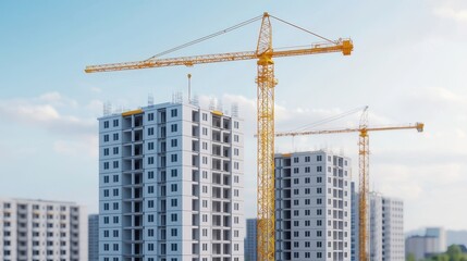 Fototapeta premium Construction workers operate cranes to build modern apartment complexes in urban areas