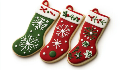 Christmas ornaments and decorations, Delightful Christmas stocking cookies in red and green with festive decorations, perfect for holiday celebrations and sweet treats