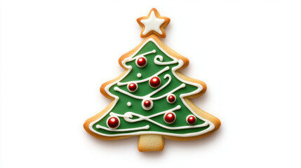 Christmas ornaments and decorations, Delightful Christmas tree cookie decorated with green icing and red ornaments, perfect for festive celebrations and holiday treats