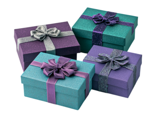A row of four boxes with purple bows on them