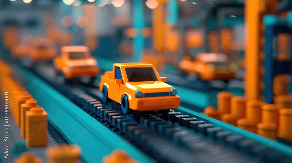 Poster explore the innovative process of automated toy car manufacturing in a vibrant factory setting