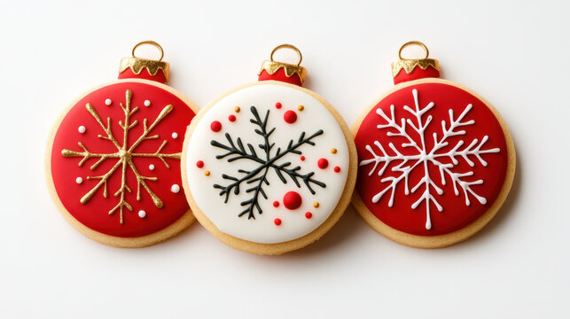 Christmas ornaments and decorations, Delightful Christmas cookies shaped like ornaments, featuring red and white icing with intricate snowflake designs, perfect for festive celebrations