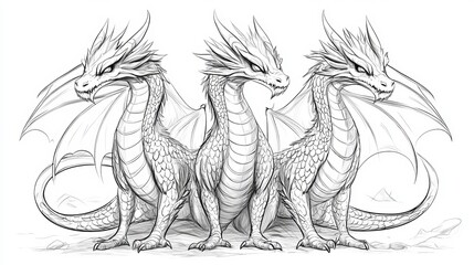 Naklejka premium Three-Headed Dragon Coloring Page - Outline Illustration for Kids' Coloring Fun