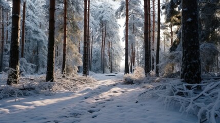 Frozen Tranquility: Snow Blanketing Trees and Ground in a Winter Forest