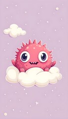 Obraz premium Adorable Pink Monster Sitting on Cloud Purple Sky