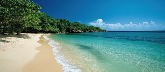 Obraz premium Tropical beach with white sand, clear blue water, and lush greenery.