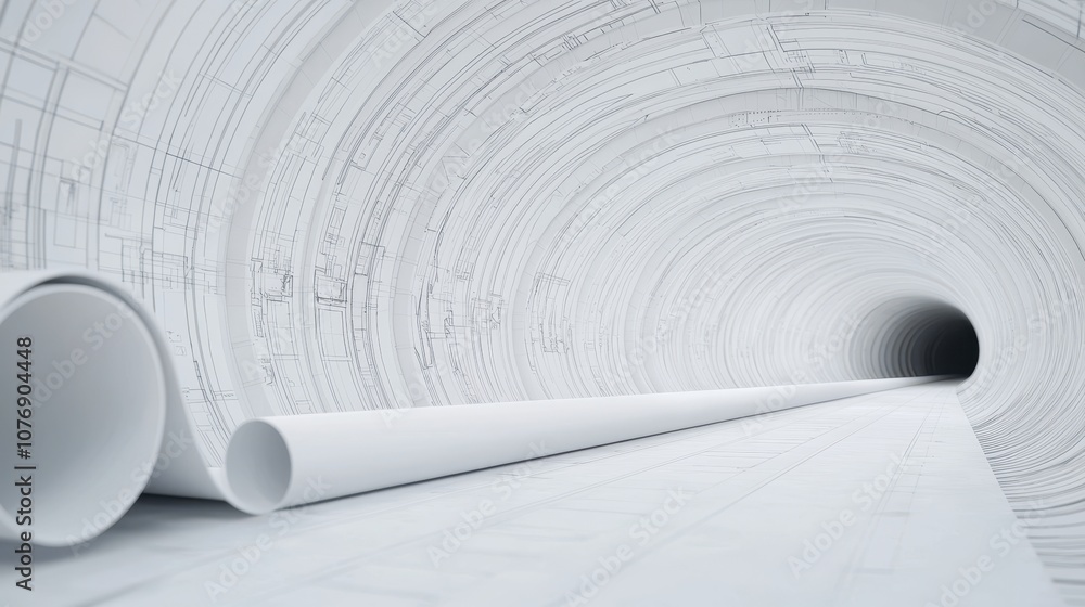 Poster explore the intricate design of a spiral tunnel with architectural blueprints and perspectives