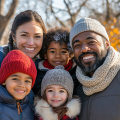 Portrait of a multi-racial family in winter. Wearing winter attire at a park.